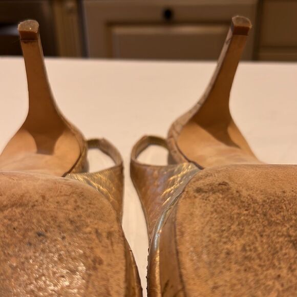 OSCAR DE LA RENTA Women’s Peep Toe Leather Slingback Heels Gold Size 37.5 - Picture 13 of 15